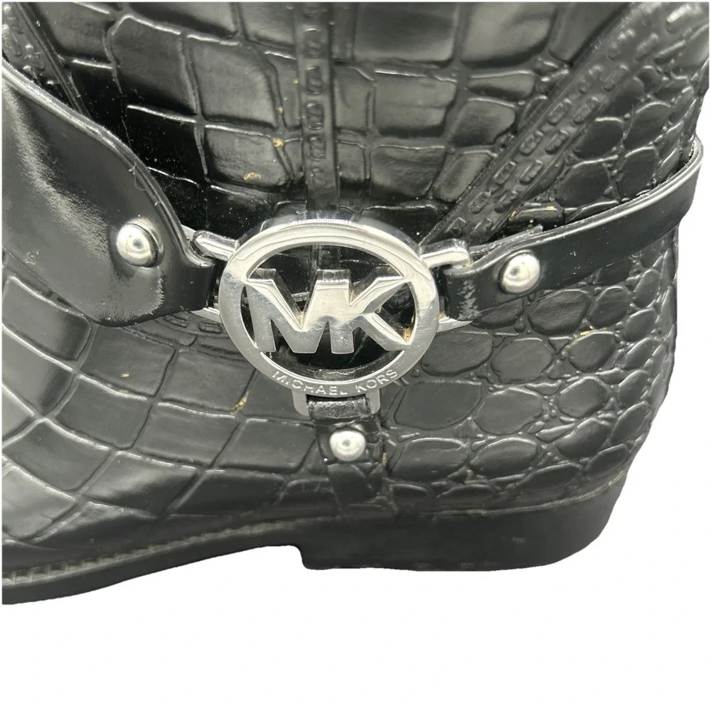 MICHAEL KORS FULTON ICONIC MK LOGO HARNESS BLACK CROCO RAIN BOOTS 6 I LOVE SHOES